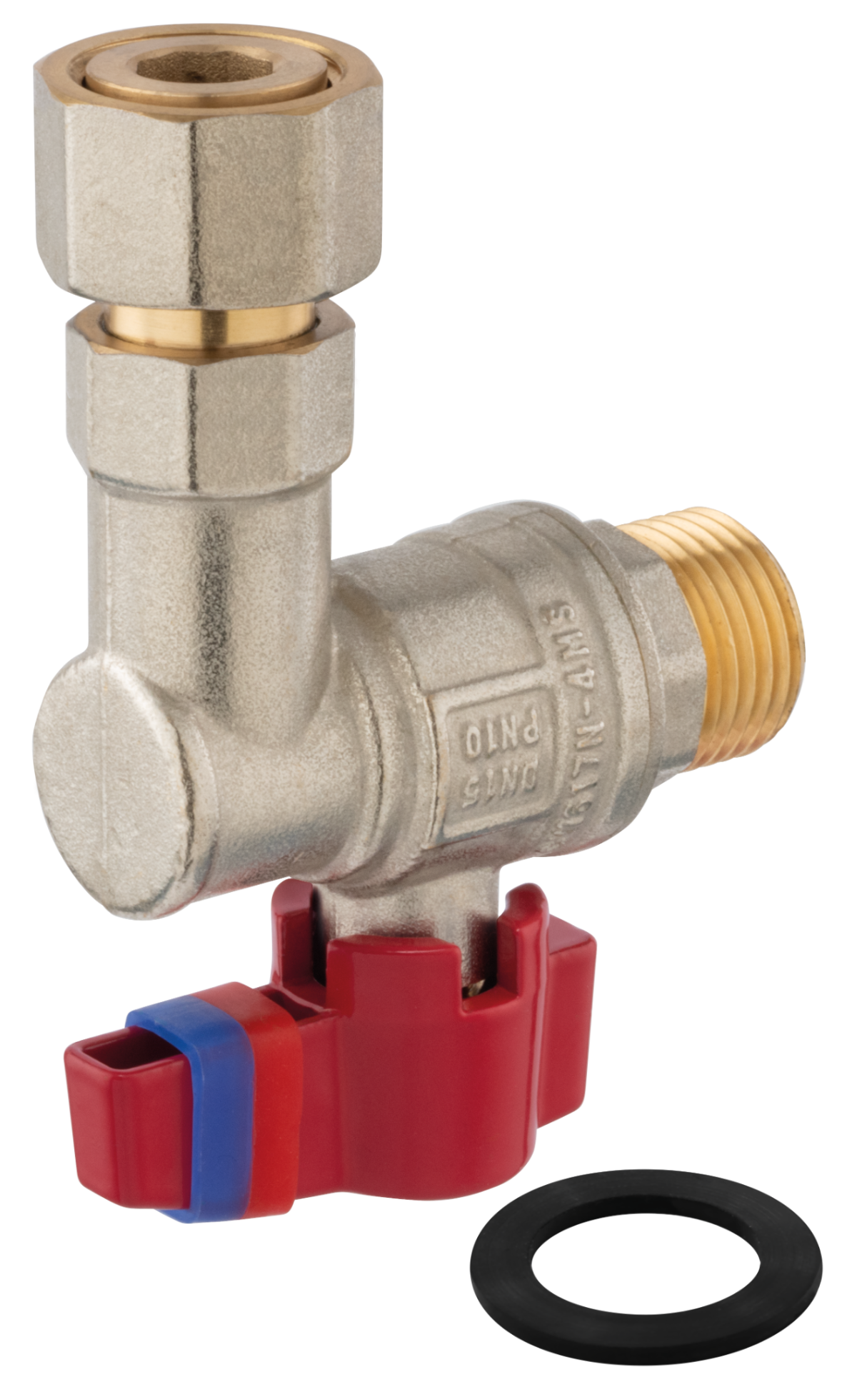 Zawór kulowy kątowy, z motylkiem pod korpusem, z półśrubunkiem, GW-GZ