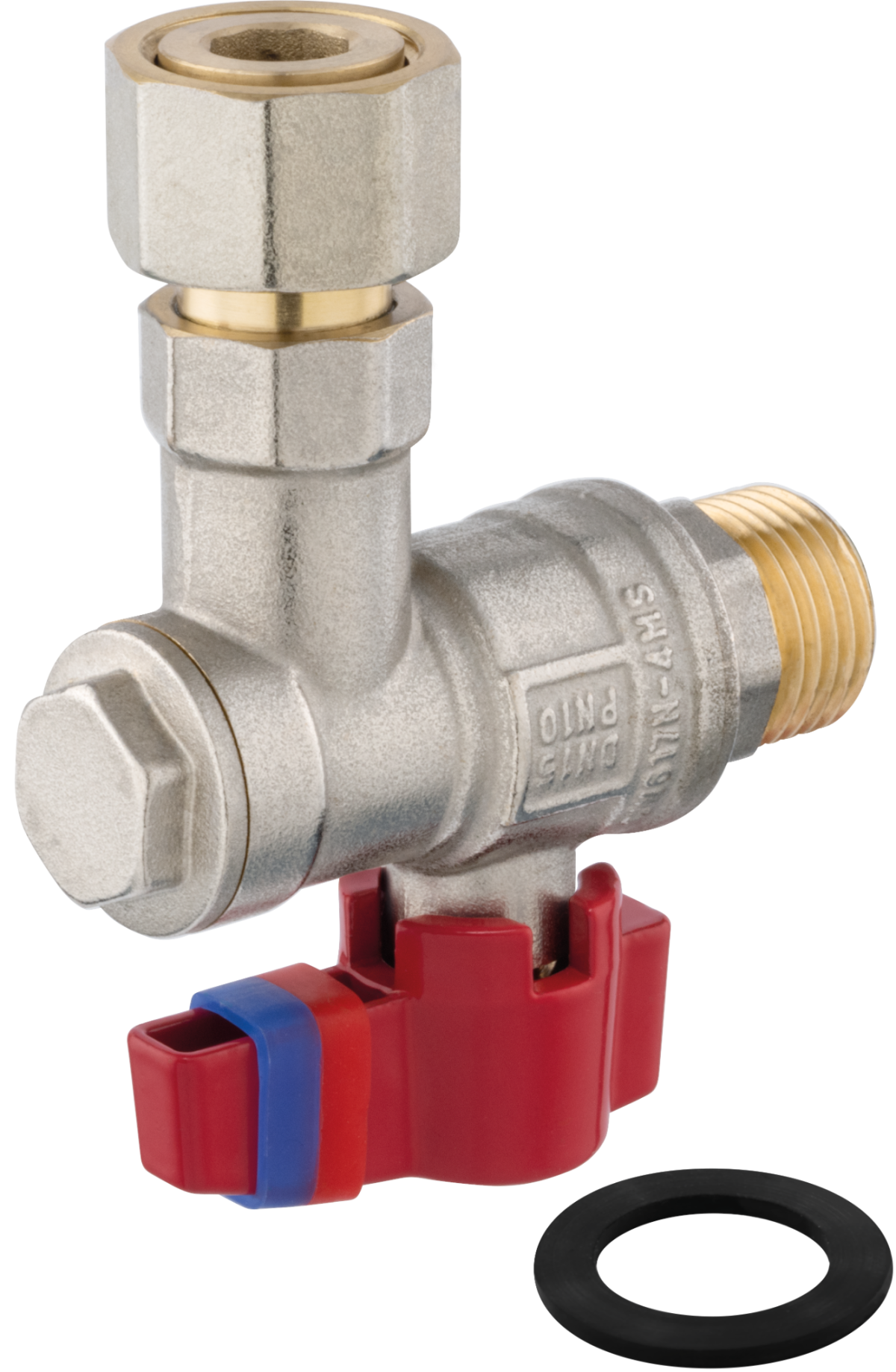 Zawór kulowy kątowy, z filtrem, z motylkiem, z półśrubunkiem, GW-GZ