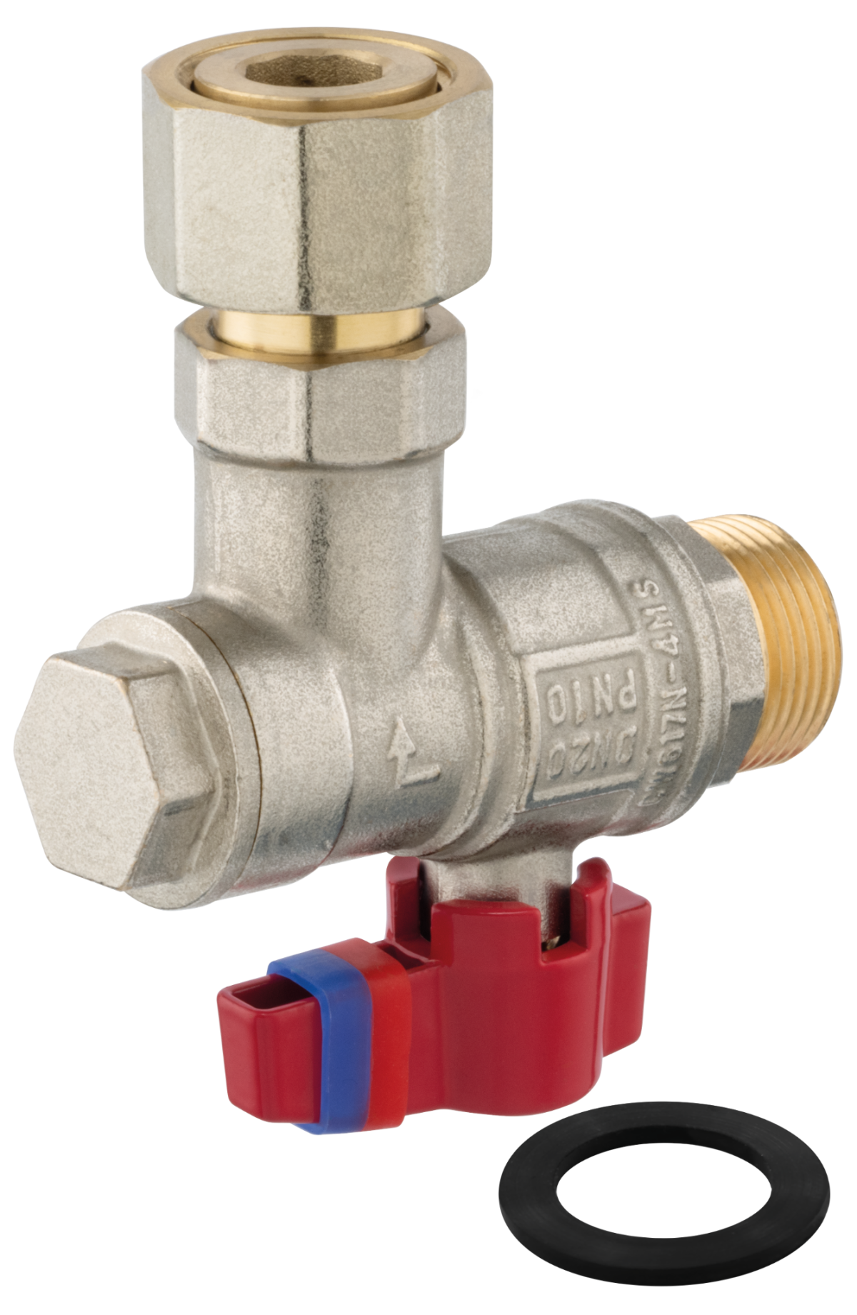 Zawór kulowy kątowy, z filtrem, z zaworem zwrotnym, z motylkiem, z półśrubunkiem, GW-GZ