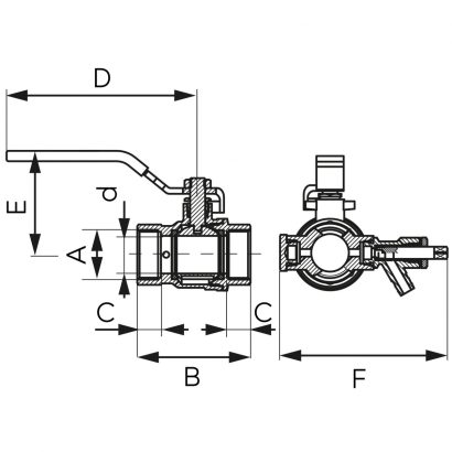 F-POWER, Zawór kulowy nakrętno-nakrętny z dźwignią z zaworem spustowym i korkiem