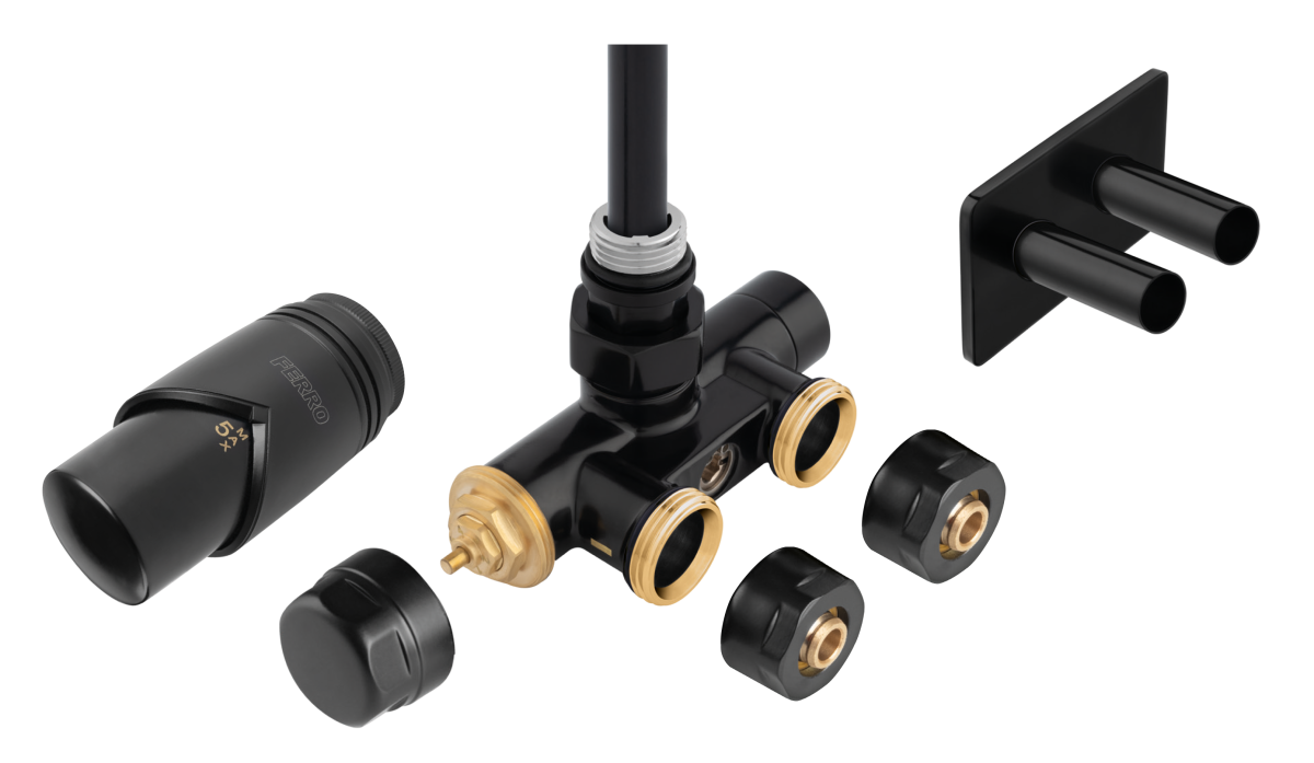 Dekoracyjny zestaw termostatyczny z nastawą wstępną, tuleją zanurzeniową i głowicą termostatyczną