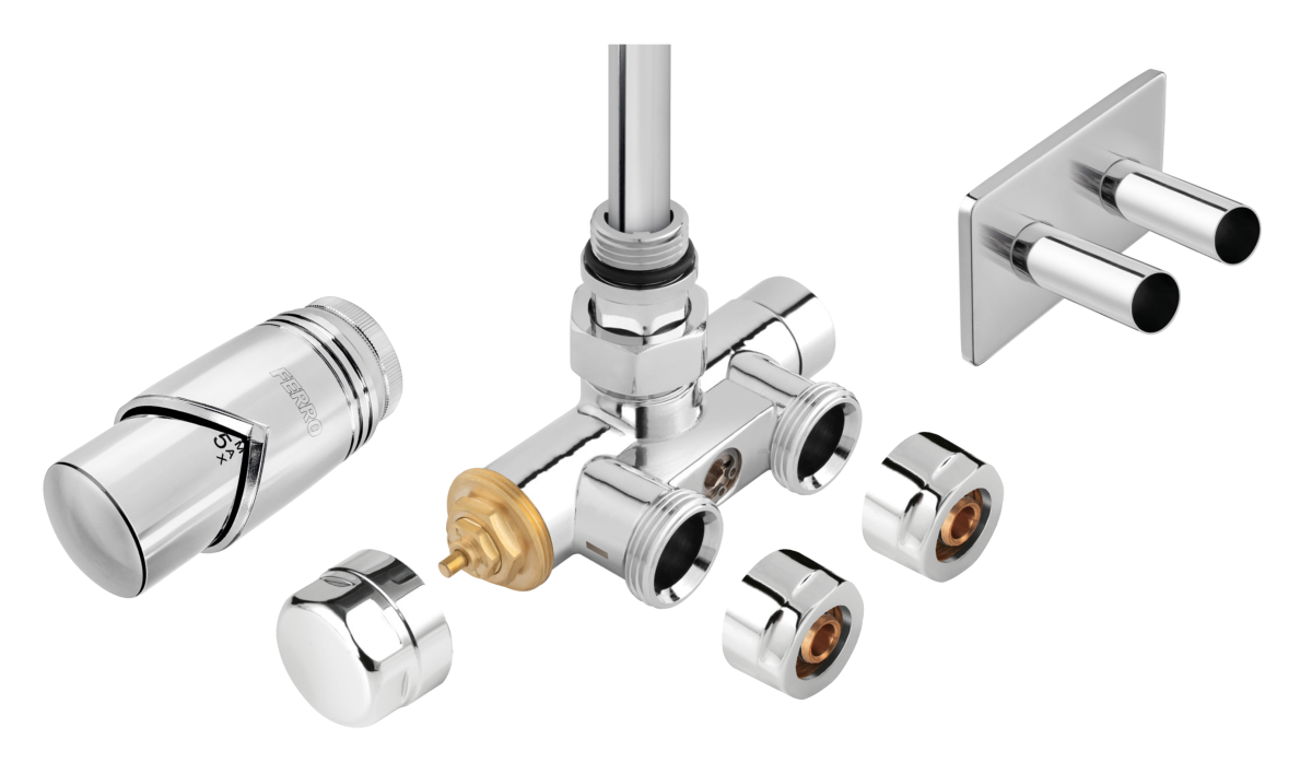Dekoracyjny zestaw termostatyczny z nastawą wstępną, tuleją zanurzeniową i głowicą termostatyczną