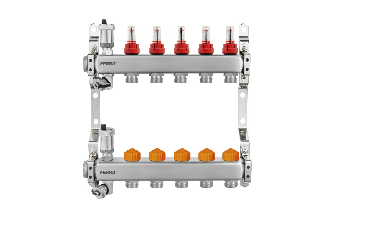 Rozdzielacz ze stali nierdzewnej F-PRO z automatycznymi ogranicznikami przepływu, 11 drogowy