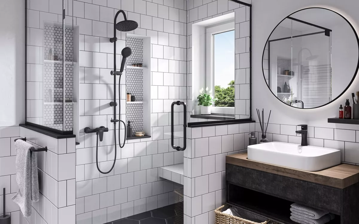 Czarny design w małej łazience